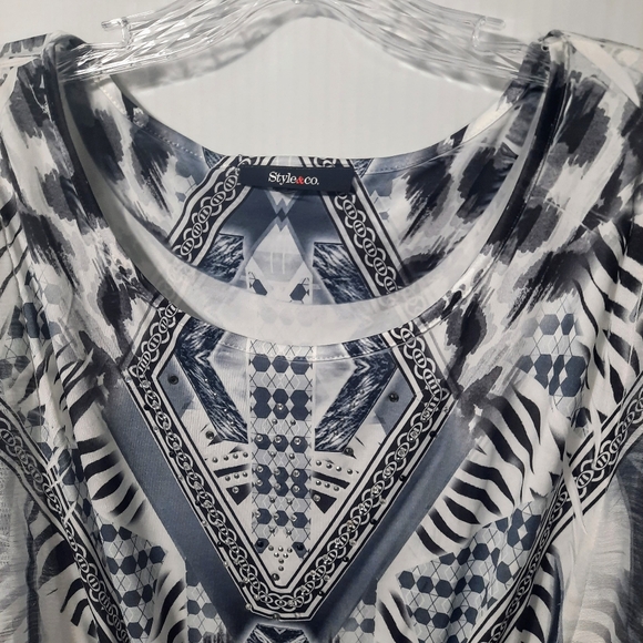 Style & Co Dress XL Black White Fit & Flare Wing Sleeve Midi Elastic Waist - Picture 4 of 10